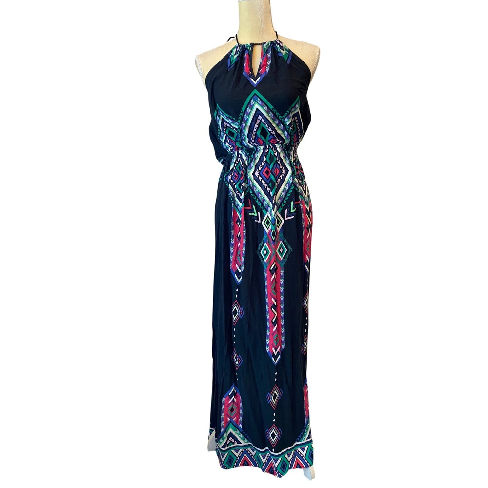 No Boundaries Junior XL Black Geometric Tribal Print Halter Maxi Dress Tassel